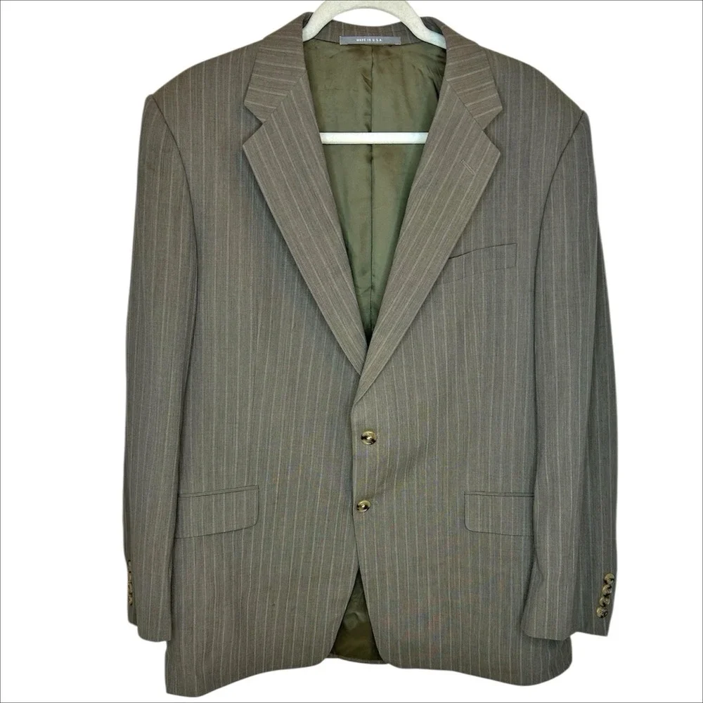 Hickey Freeman Suit Jacket 44R 44 Regular Green Gray‎ Pinstripe 100% Wool Blazer